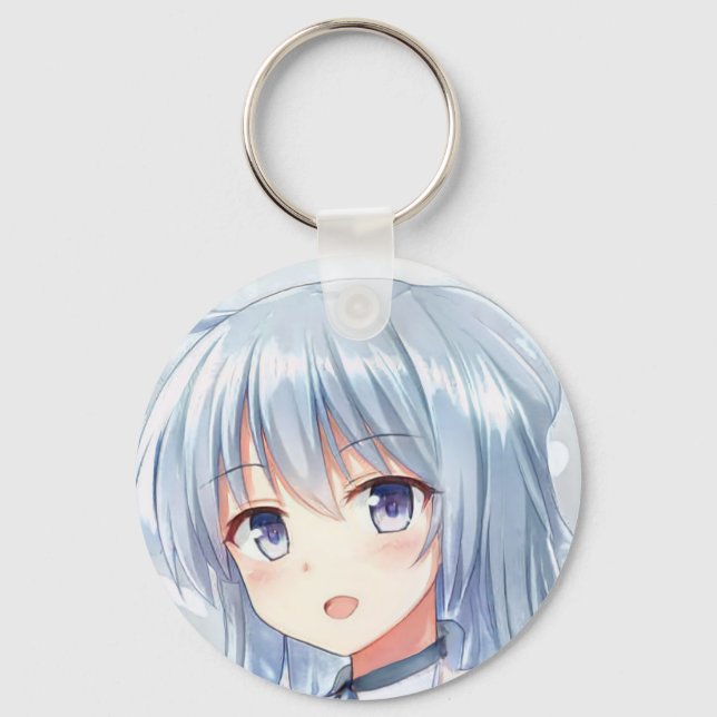 Smiling anime girl grey hair lavender eyes manga  key ring (Front)