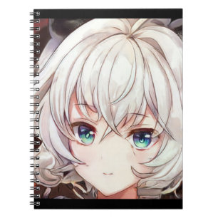 Smiling anime girl manga silver haired green eyed notebook