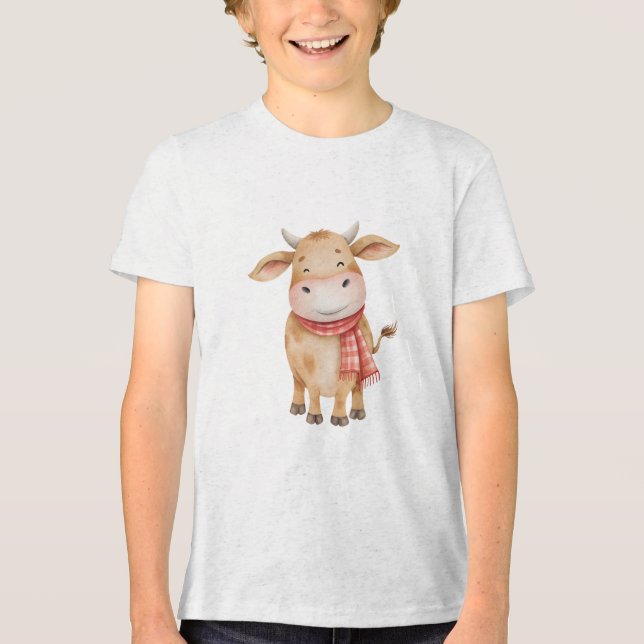 Smiling Baby Cow Watercolor Nursery Illustration Tri-Blend Shirt (Front)