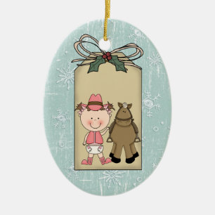 Smiling Baby Girl Toddler Cowgirl Pony Gift Tag Ceramic Tree Decoration