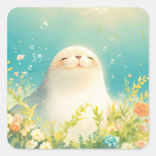 Smiling Baby Seal in Floral Underwater Meadow