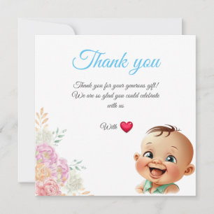 Smiling Baby with Roses and Blue Thank You Card