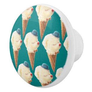 Smiling Bichon Ice Cream Pattern Teal Art Ceramic Knob