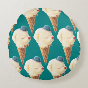 Smiling Bichon Ice Cream Pattern Teal Art Round Cushion