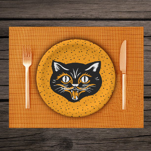 Smiling Black and Orange Halloween Cat Face Stars Paper Plate