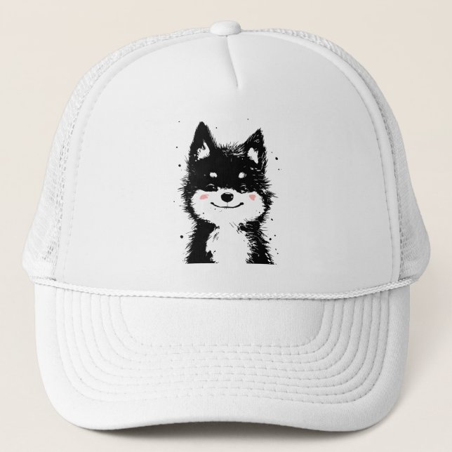Smiling Black and White Dog Trucker Hat (Front)