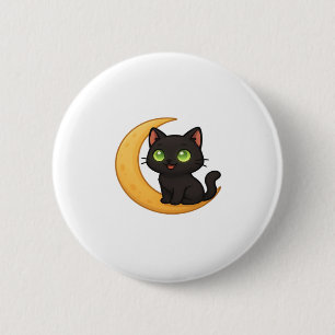 Smiling Black Cat with Glowing Green Eyes Sitting  6 Cm Round Badge