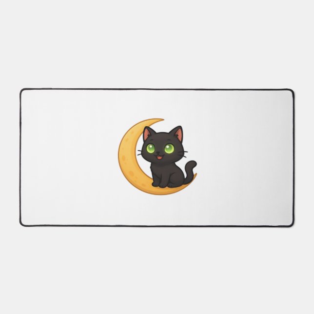 Smiling Black Cat with Glowing Green Eyes Sitting  Desk Mat (Front)
