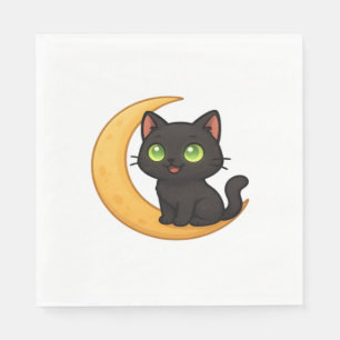 Smiling Black Cat with Glowing Green Eyes Sitting  Napkin