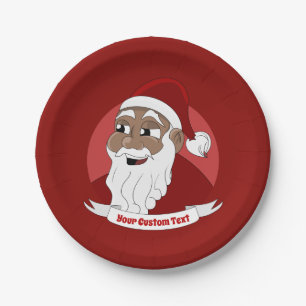Smiling black Santa Claus cartoon Paper Plate