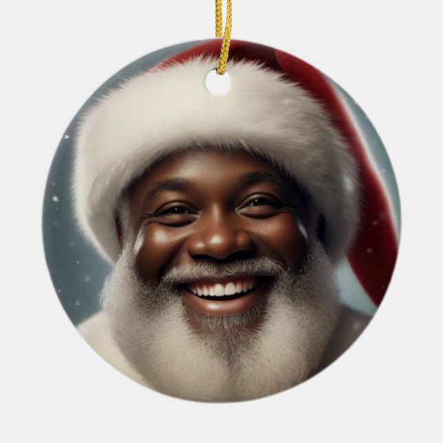 Smiling Black Santa Family Customise Ceramic Tree Decoration (Front)