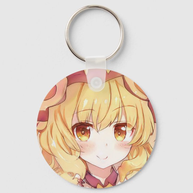 Smiling blonde girl with amber eyes anime manga key ring (Front)