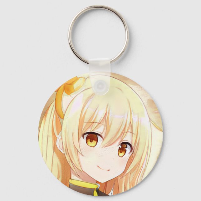 Smiling blonde girl with amber eyes anime manga key ring (Front)