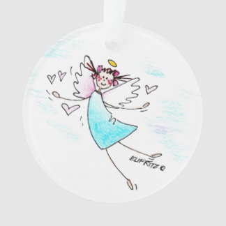 Smiling blue gowned angel bringing hearts of love ornament