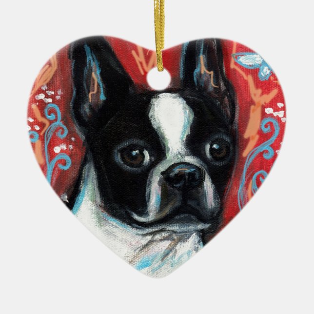 Smiling Boston Terrier Ceramic Tree Decoration (Front)