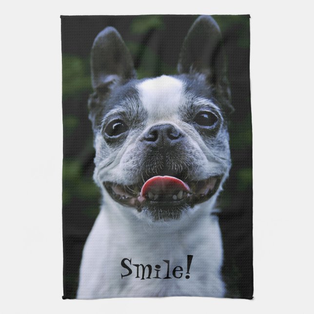 Smiling Boston Terrier Tea Towel (Vertical)