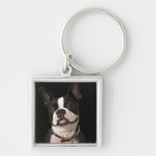 Smiling Boston terrier with collar Key Ring