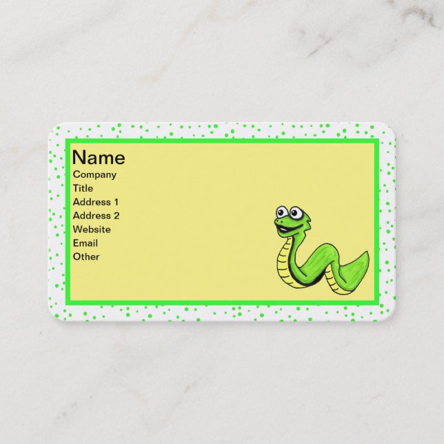 Smiling Bright Cartoon Green Yellow Snake Dots Business Card (Front)