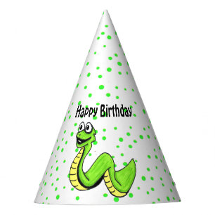 Smiling Bright Green Yellow Cartoon Birthday Snake Party Hat