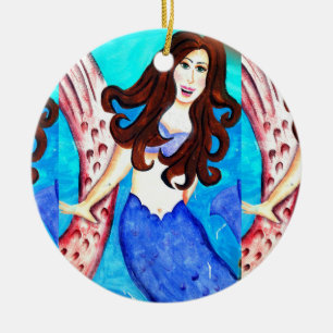 smiling brunette mermaid ceramic tree decoration