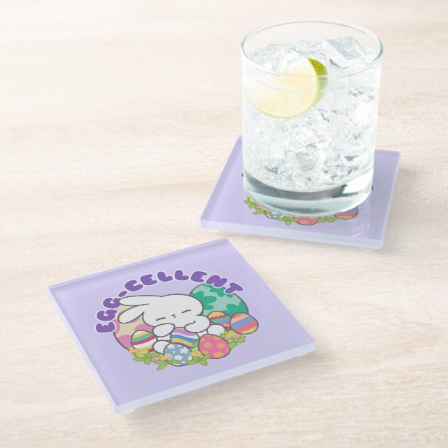 Smiling Bunny & Easter Eggs - Egg-cellent Spring Glass Coaster (Angled)