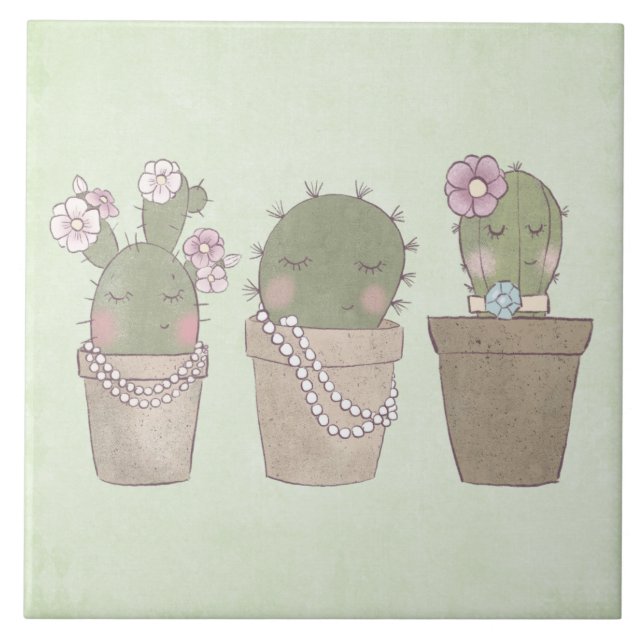 Smiling Cactus Trio Watercolor Design Tile (Front)