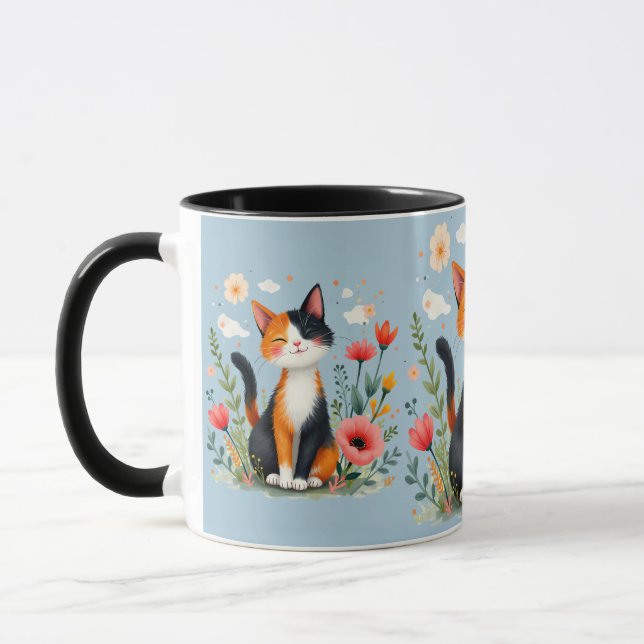 Smiling Calico Cat in Blooming Garden Blue Mug (Left)