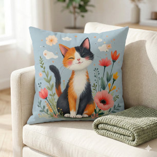 Smiling Calico Cat in Blooming Garden Cushion