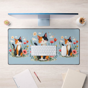 Smiling Calico Cat in Blooming Garden Desk Mat