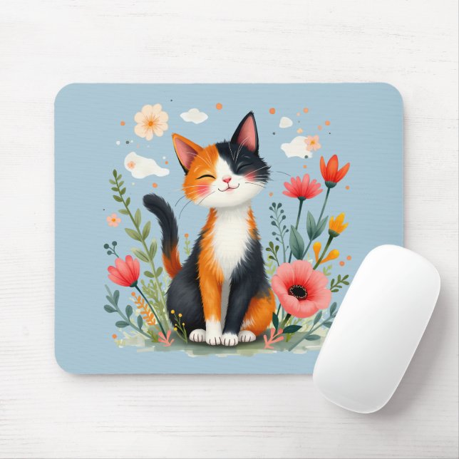 Smiling Calico Cat in Blooming Garden Mouse Pad (With Mouse)