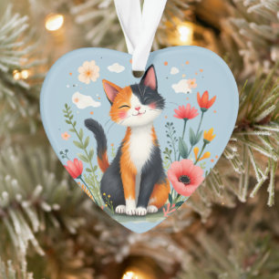 Smiling Calico Cat in Blooming Garden Ornament