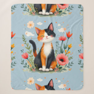 Smiling Calico Cat in Blooming Garden Sherpa Blanket