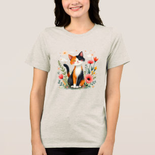 Smiling Calico Cat in Blooming Garden Tri-Blend Shirt