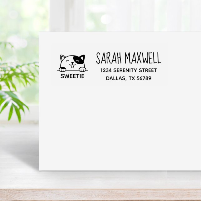 Smiling Calico Cat Pet Name Address Rubber Stamp (Creator Uploaded)