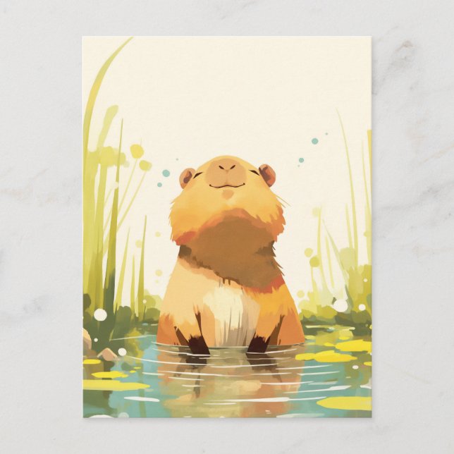 Smiling Capybara in Calm Nature Pond Marsh Postcard (Front)