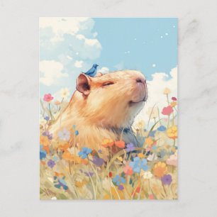 Smiling Capybara with Blue Bird in flower Meadow Postcard