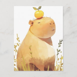 Smiling Capybara with Yellow Yuzu Fruit on Head Postcard
