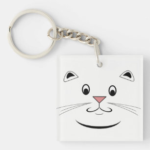 Smiling Cartoon Cat Face Line Drawing Key Ring