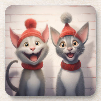 Smiling Cartoon Cats With Red Hats And Collars Coaster