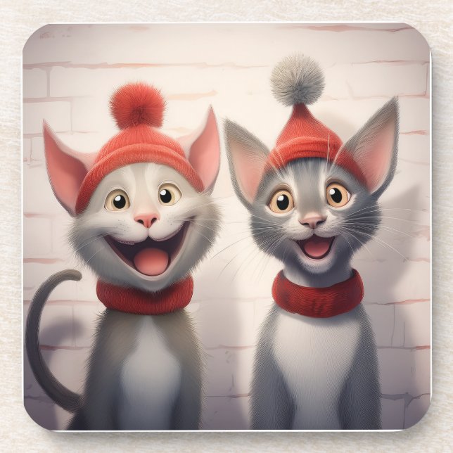 Smiling Cartoon Cats With Red Hats And Collars Coaster (Front)