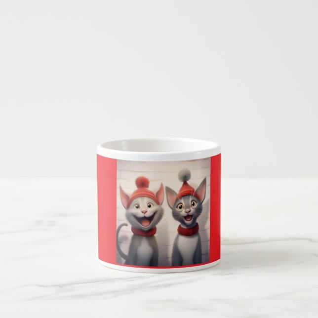 Smiling Cartoon Cats With Red Hats And Collars Espresso Cup (Front)