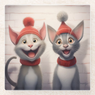 Smiling Cartoon Cats With Red Hats And Collars Glass Coaster