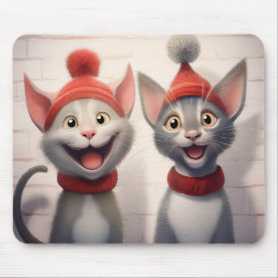 Smiling Cartoon Cats With Red Hats And Collars Mouse Pad