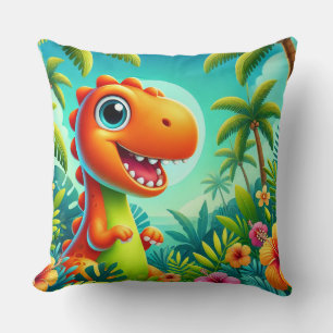 Smiling Cartoon Dinosaur in a Tropical Jungle Cushion