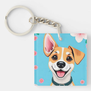 Smiling Cartoon Dog Surrounded by Flowers Key Ring