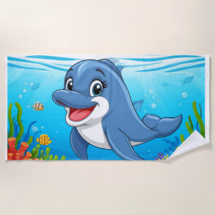 Smiling Cartoon Dolphin Swimming Beach Towel