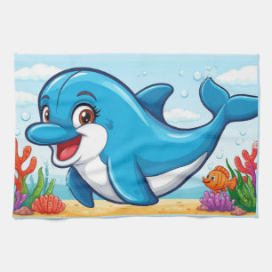 Smiling Cartoon Dolphin Swimming Tea Towel