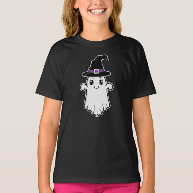 Smiling Cartoon Ghost Wearing Witch Hat Halloween T-Shirt (Front)