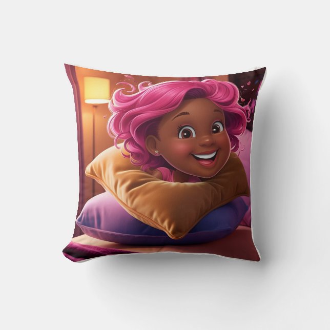 Smiling Cartoon Girl 3D Pillow: Pink Hair Cushion (Front)