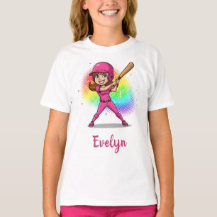 Smiling Cartoon Girl Baseball Player in Pink T-Shirt